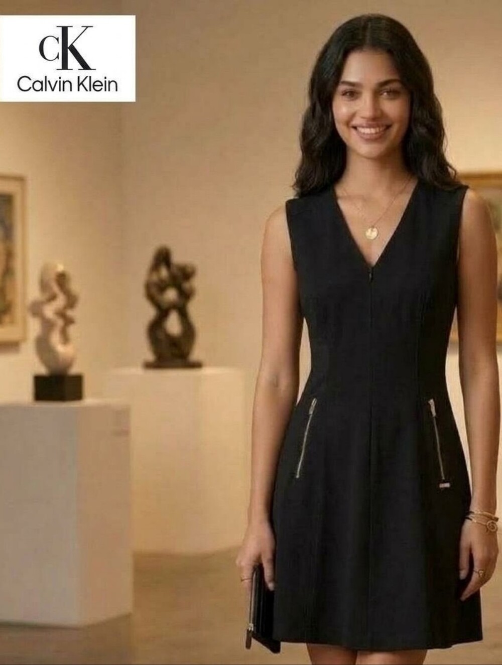 Calvin Klein Black Fit & Flare Dress Size 8 Sleeveless V-Neck Gold Zip Detail